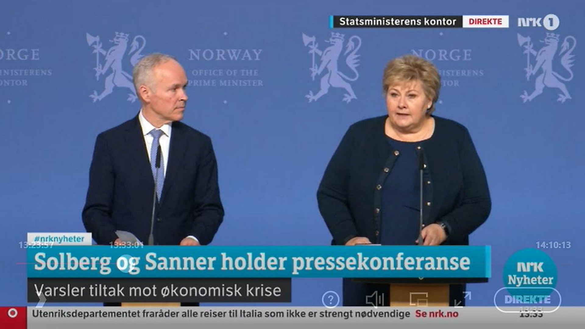 Statsminister Erna Solberg og finansminister Jan Tore Sanner avholder pressekonferanse i forbindelse med korona-utbruddet. Skjermdump: NRK