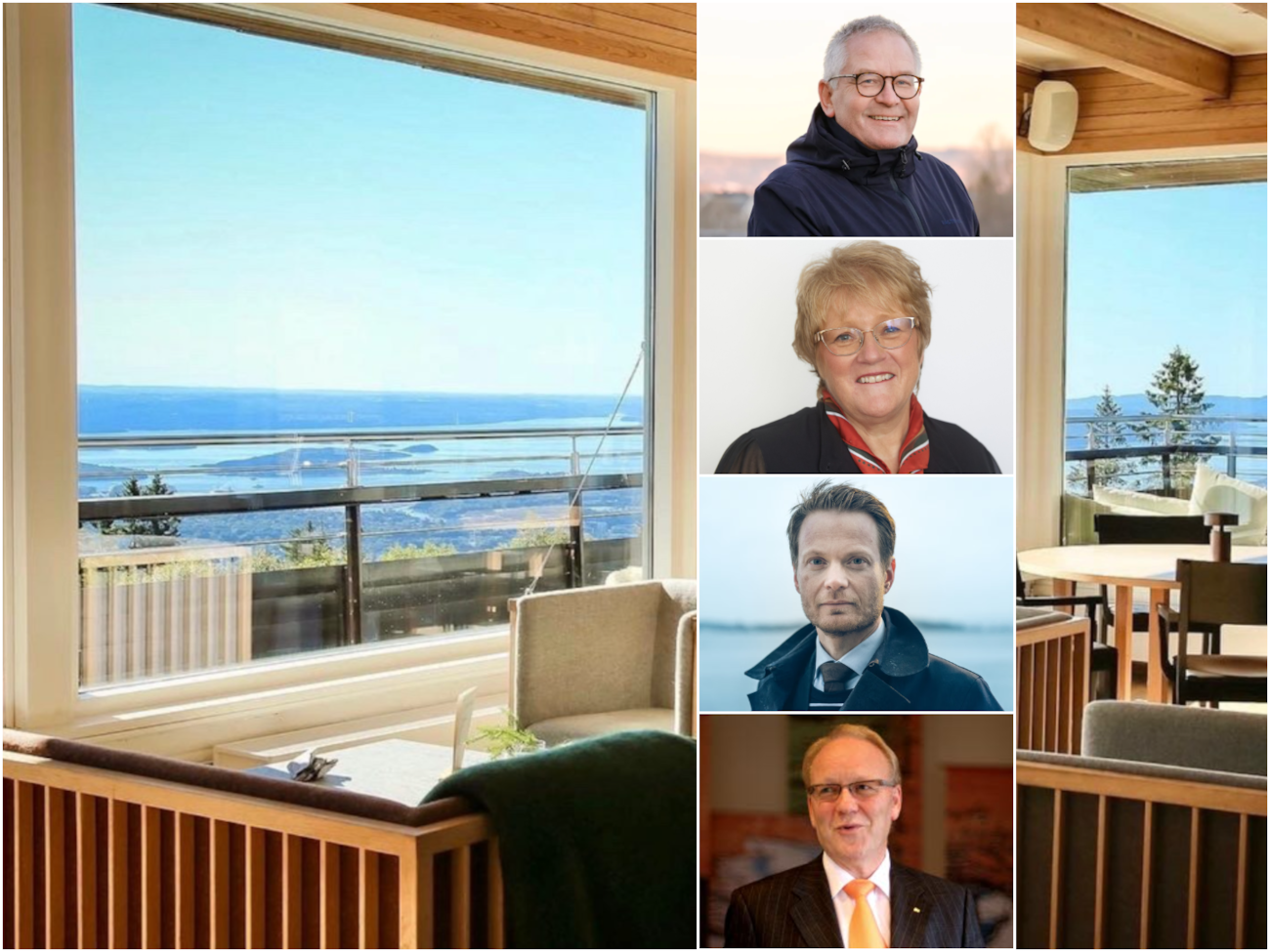 Kollasj med portrettbilde av fire mennesker, lagt over et bilde av utsikten fra en hotell i Oslo
