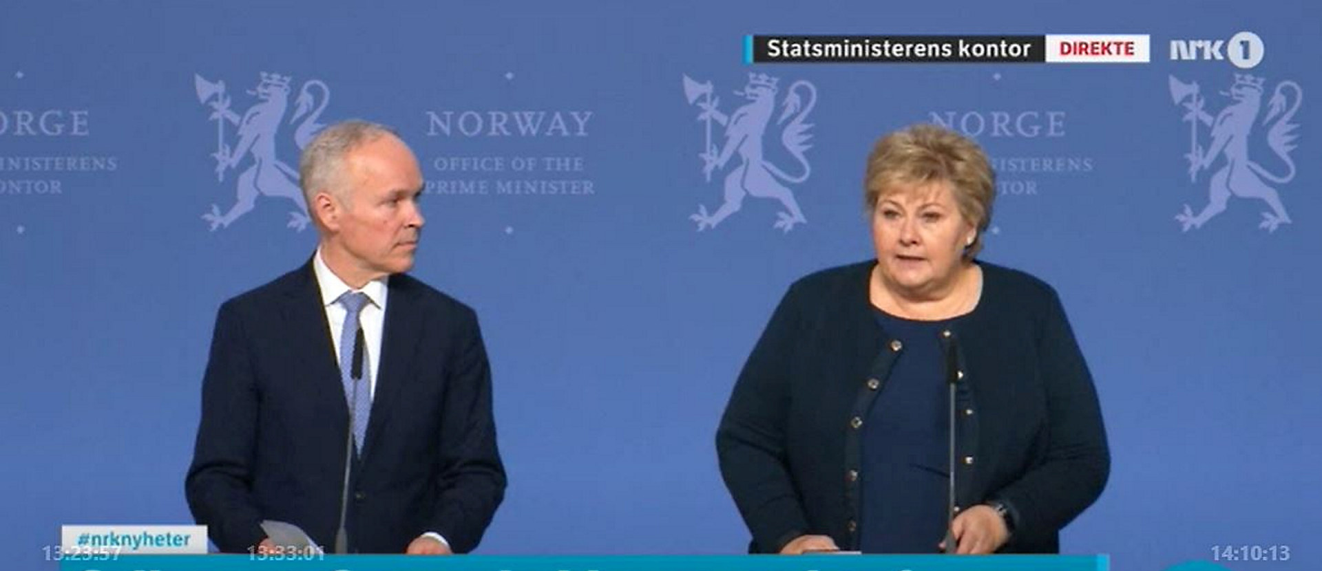 Statsminister Erna Solberg og finansminister Jan Tore Sanner. Skjermdump: NRK