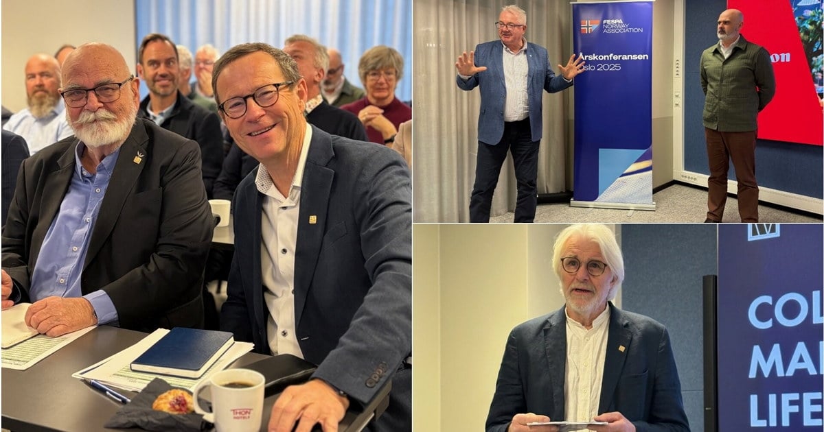 Kollasj satt sammen av tre bilder. Bildene er av mennesker som deltar på en konferanse