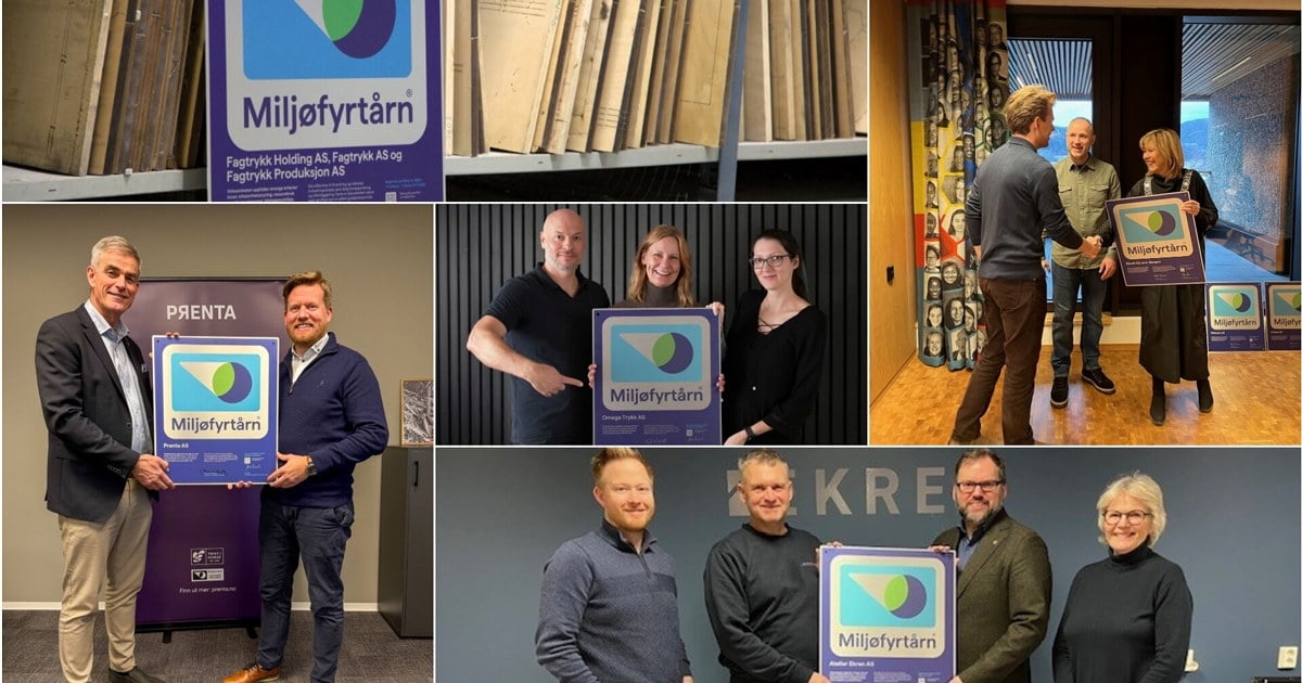 Kollasj med bilder av mennesker som peker på Miljøfyrtårn-skilt og smiler