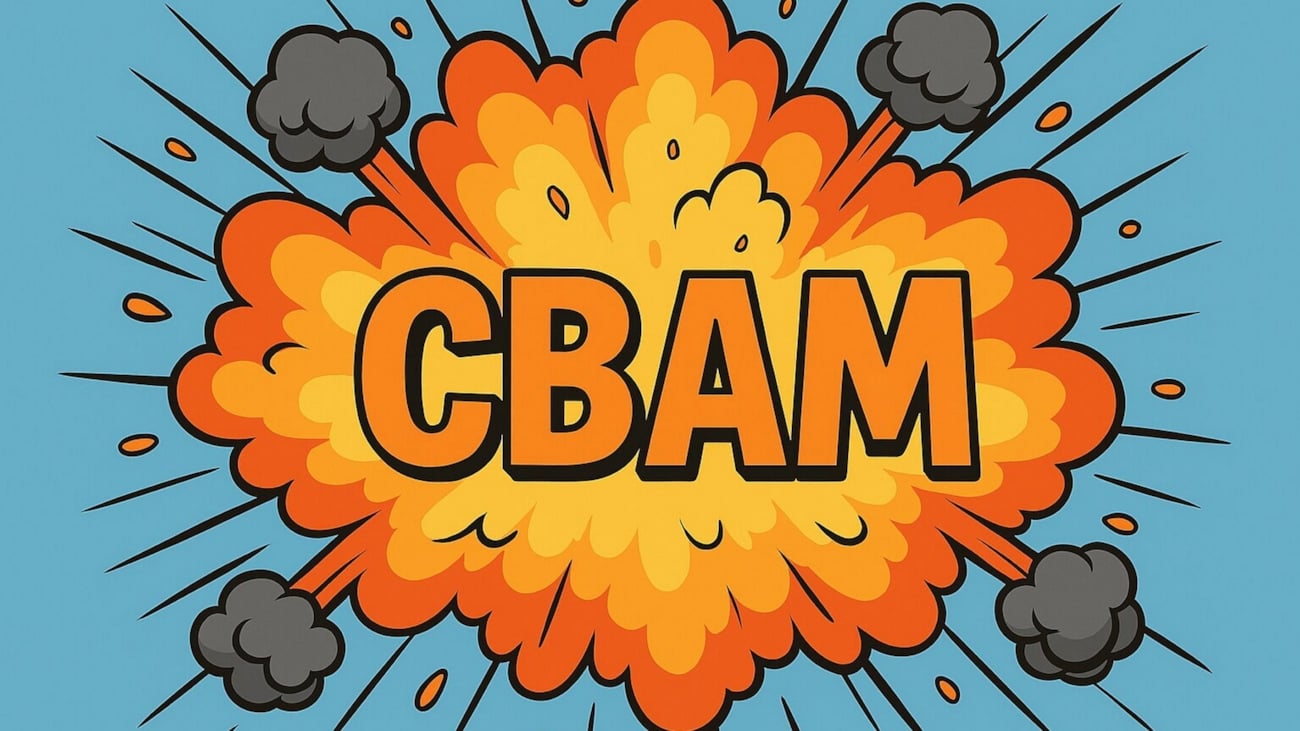 Illustrasjon av forkortelsen CBAM og en eksplosjon