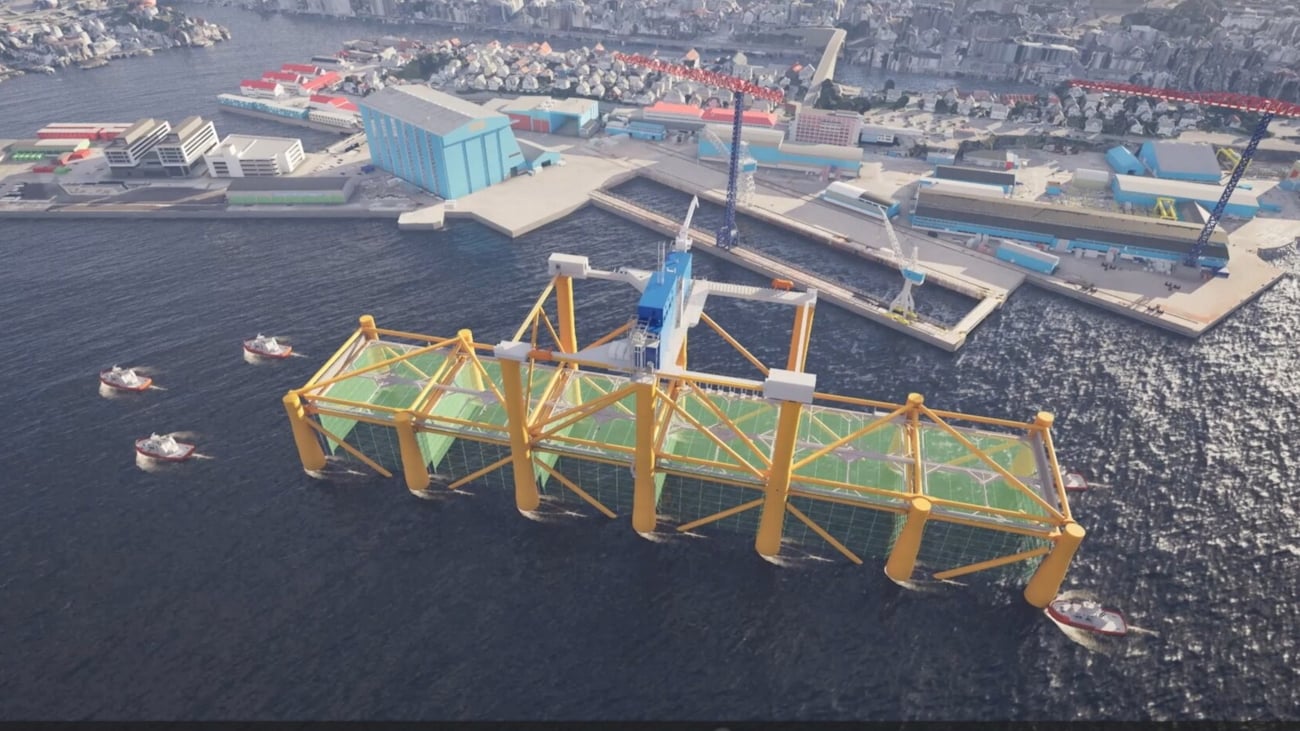 Illustrasjon av rigg for havbruk til havs